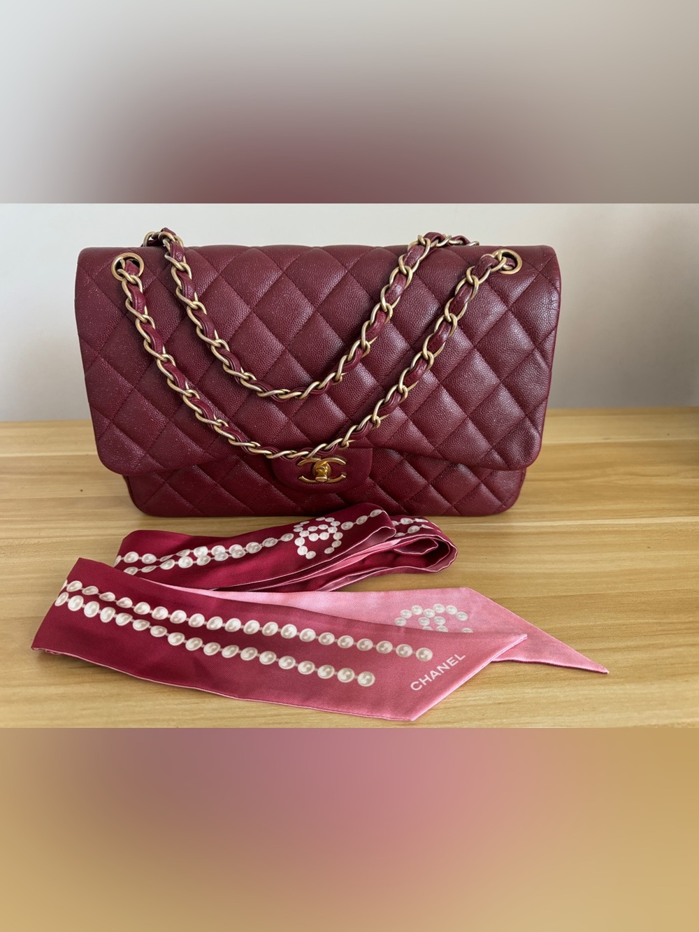 Chanel Jumbo Double Flap 18C  2018 Cruise Burgundy Glittery Caviar - Rare